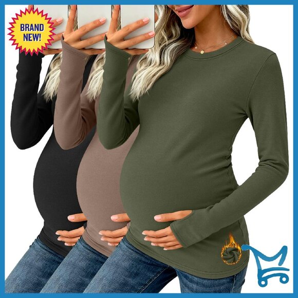 Maternity Thermal Long Sleeve Shirts Fleece Lined Thumb Hole Winter Tops
